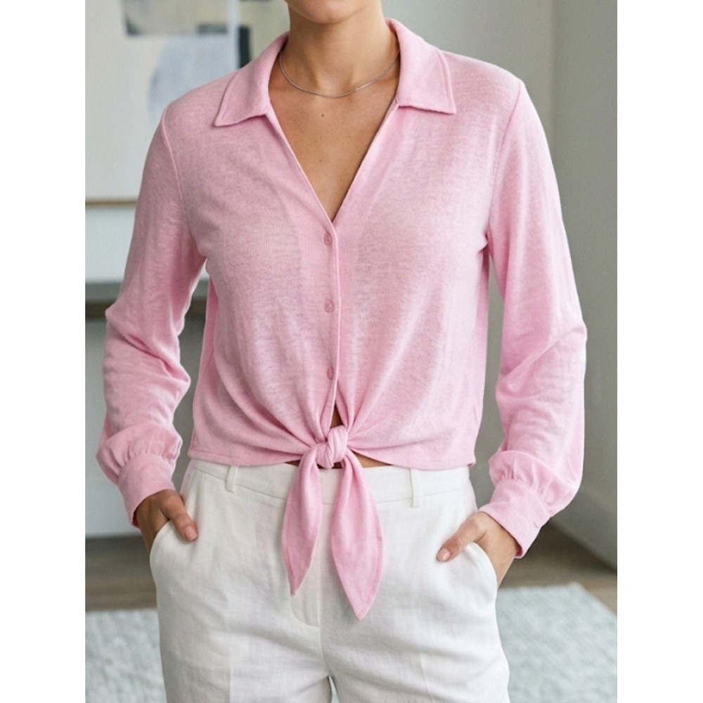 Ellen Tracy pink‎ flamingo button-down tie-front blouse Size Large